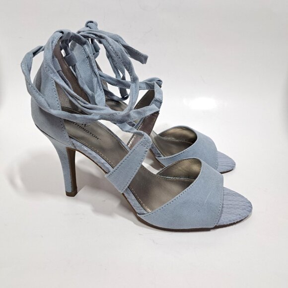 Worthington Suede High Heels Shoes Blue Gray Ankle Strappy Lace Up Tie 7.5 Pumps - Picture 1 of 6